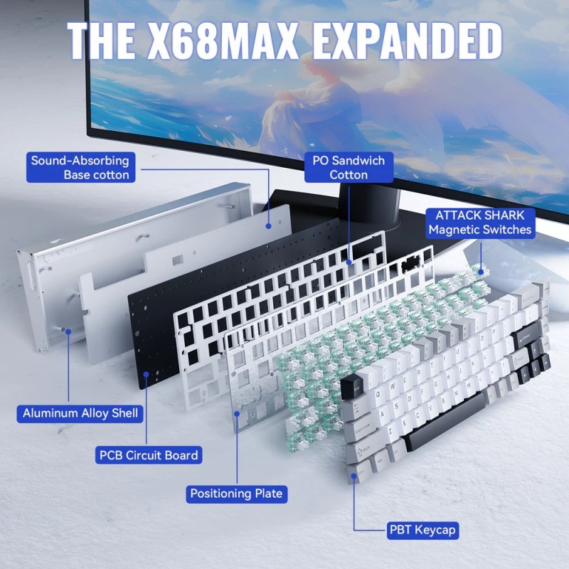 Клавіатура ігрова магнітна Attack Shark X68 Max HE 68кл. RGB, USB-C, Starlight White Клавіатура ігрова магнітна Attack Shark X68 Max HE 68кл. RGB, USB-C, Starlight White
