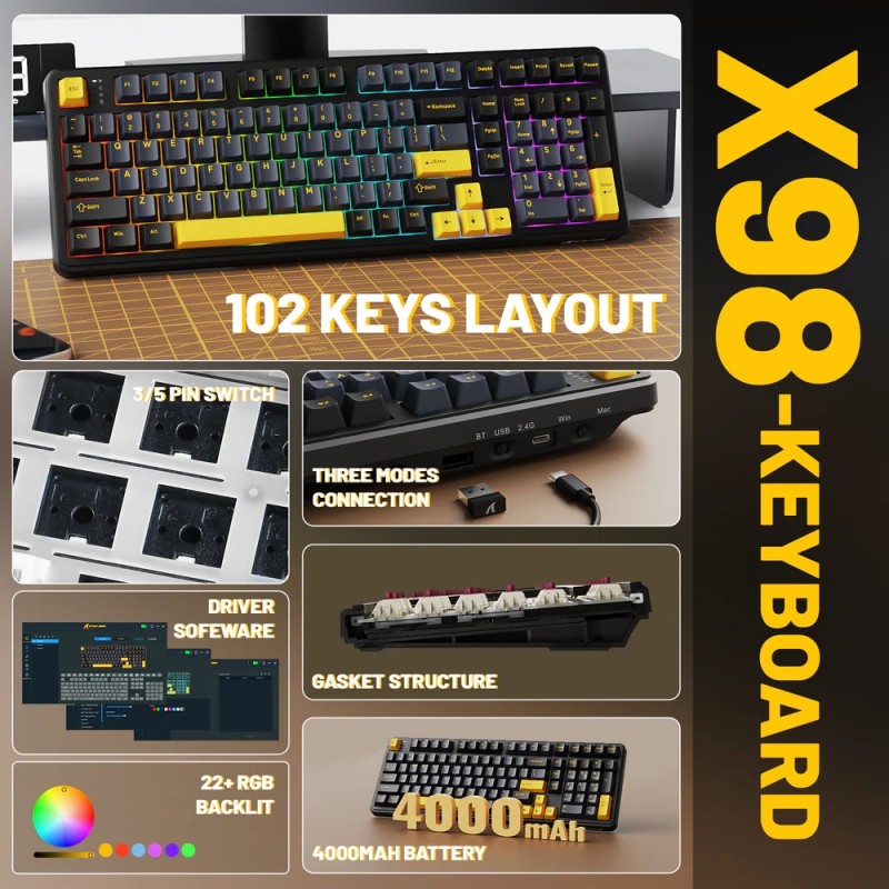 Клавіатура ігрова механічна Attack Shark X98 102кл. RGB, Wireless, Star Black Клавіатура ігрова механічна Attack Shark X98 102кл. RGB, Wireless, Star Black