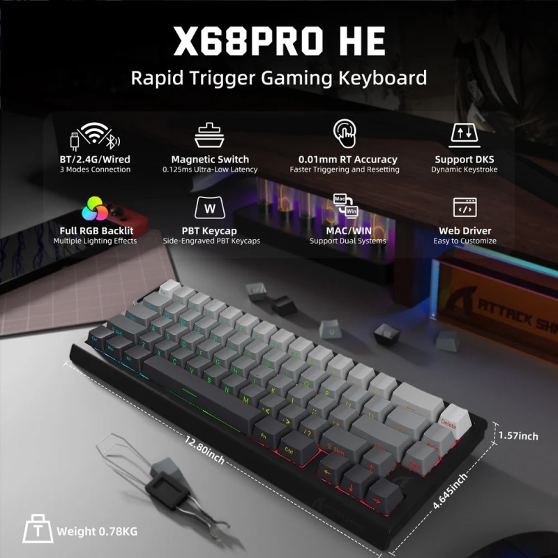 Клавіатура ігрова магнітна Attack Shark X68 Pro HE 66кл. RGB, Wireless, Moonlit Night Клавіатура ігрова магнітна Attack Shark X68 Pro HE 66кл. RGB, Wireless, Moonlit Night