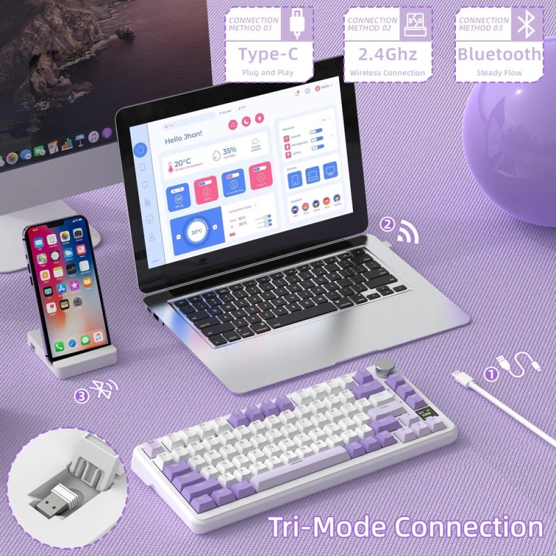 Клавіатура ігрова механічна Attack Shark X85PRO 82кл. RGB, Wireless, Lavender Клавіатура ігрова механічна Attack Shark X85PRO 82кл. RGB, Wireless, Lavender