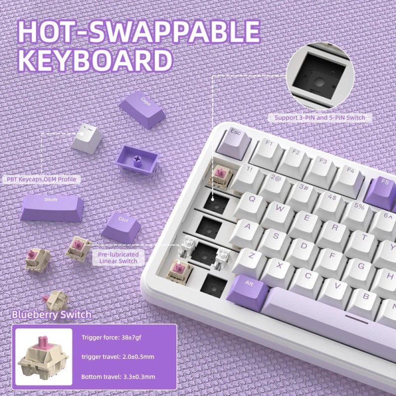 Клавіатура ігрова механічна Attack Shark X85PRO 82кл. RGB, Wireless, Lavender Клавіатура ігрова механічна Attack Shark X85PRO 82кл. RGB, Wireless, Lavender