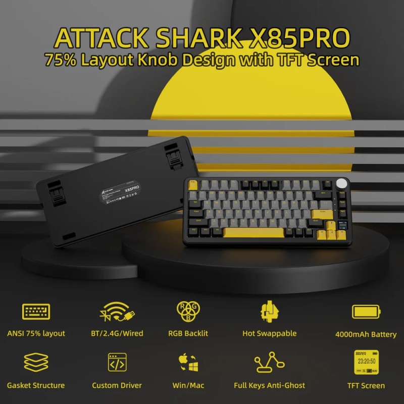 Клавіатура ігрова механічна Attack Shark X85PRO 82кл. RGB, Wireless, Star Black Клавіатура ігрова механічна Attack Shark X85PRO 82кл. RGB, Wireless, Star Black