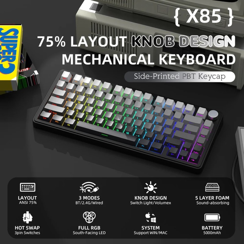 Клавіатура ігрова механічна Attack Shark X85 82кл. RGB,Wireless, White Jade перемикачі Moonlit Night Клавіатура ігрова механічна Attack Shark X85 82кл. RGB,Wireless, White Jade перемикачі Moonlit Night