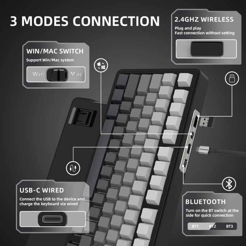 Клавіатура ігрова механічна Attack Shark X85 82кл. RGB,Wireless, White Jade перемикачі Moonlit Night Клавіатура ігрова механічна Attack Shark X85 82кл. RGB,Wireless, White Jade перемикачі Moonlit Night