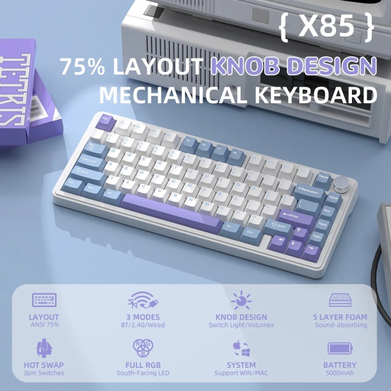 Клавіатура ігрова механічна Attack Shark X85 82кл.RGB,Wireless,White Jade перемикачі,Starlight White Клавіатура ігрова механічна Attack Shark X85 82кл.RGB,Wireless,White Jade перемикачі,Starlight White