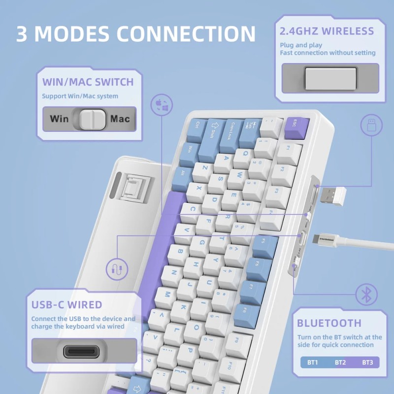 Клавіатура ігрова механічна Attack Shark X85 82кл.RGB,Wireless,White Jade перемикачі,Starlight White Клавіатура ігрова механічна Attack Shark X85 82кл.RGB,Wireless,White Jade перемикачі,Starlight White