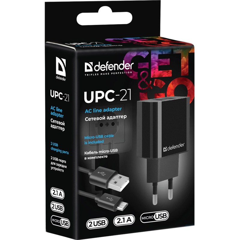 Сетевое зарядное устройство (зарядка) Defender UPC-21 12 Вт, чёрное