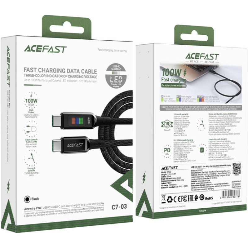 Кабель USB Type-C (USB-C — USB-C) Acefast C7-03 1,2 м, 100 Вт, з дисплеєм Кабель USB Type-C (USB-C — USB-C) Acefast C7-03 1,2 м, 100 Вт, з дисплеєм
