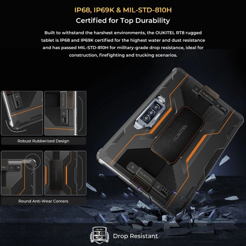 Защищённый планшет (планшет для полевых условий) Oukitel RT8 256 ГБ, 20000 мА·ч, Orange с держателем