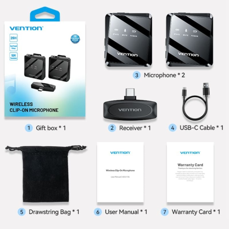 Беспроводной двойной петличный микрофон (лавалье) Vention USB-C 2-Pack Wireless Lavalier чёрный