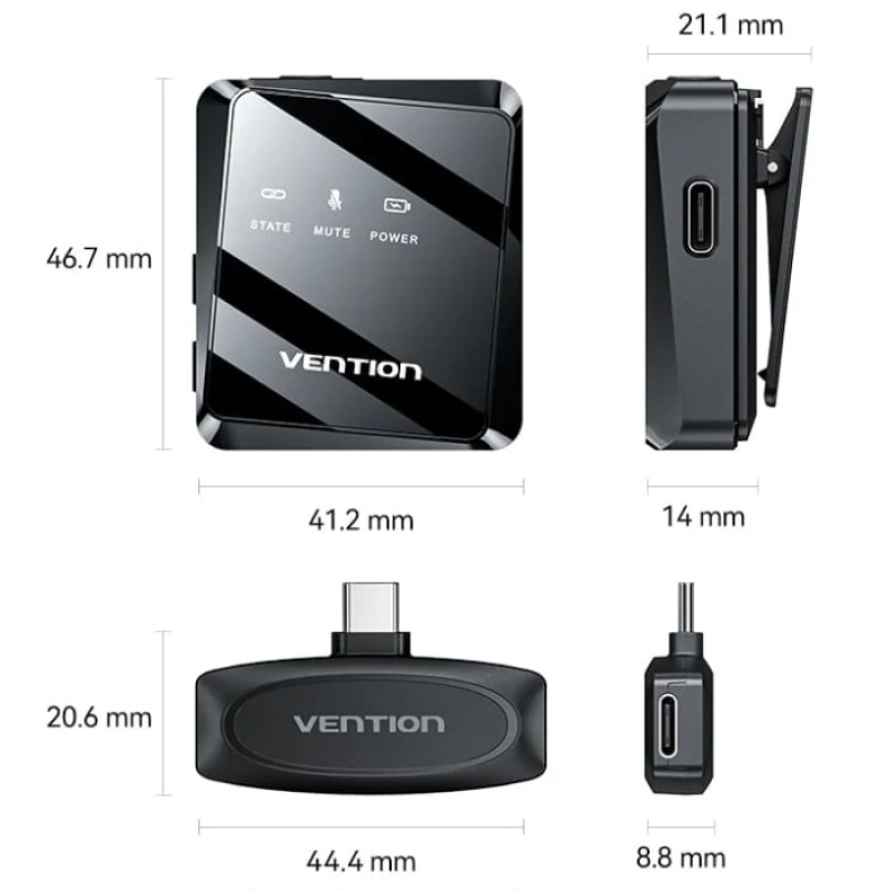Беспроводной двойной петличный микрофон (лавалье) Vention USB-C 2-Pack Wireless Lavalier чёрный