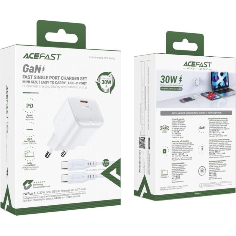 Сетевое зарядное устройство (зарядка) Acefast A77 mini 30 Вт, белое