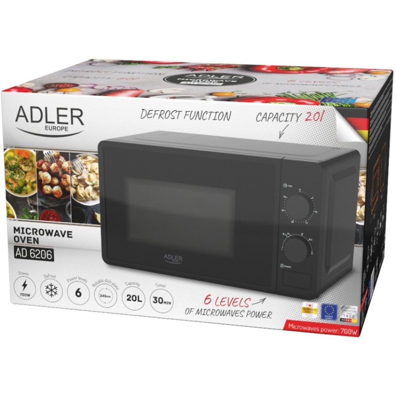 Мікрохвильова піч (мікрохвильовка) Adler AD 6206 20 л, 700 Вт, чорна Мікрохвильова піч (мікрохвильовка) Adler AD 6206 20 л, 700 Вт, чорна