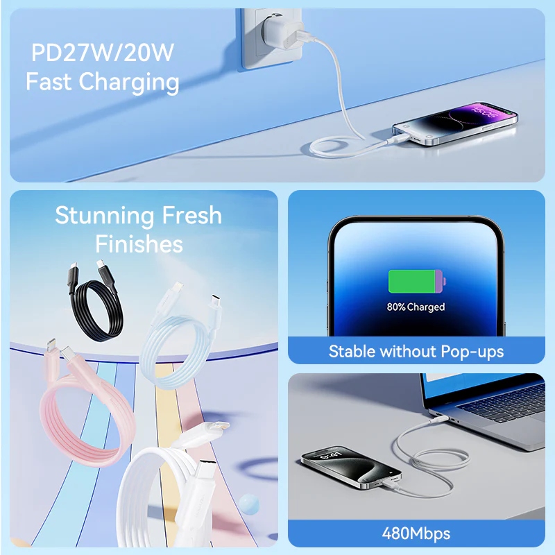 Кабель USB (зарядний кабель) Vention Type-C–Lightning, 1 м, PD 27 Вт, блакитний