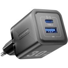 Мережевий зарядний пристрій (зарядка) Vention 30W USB-A/USB-C, чорний, з кабелем 1 м