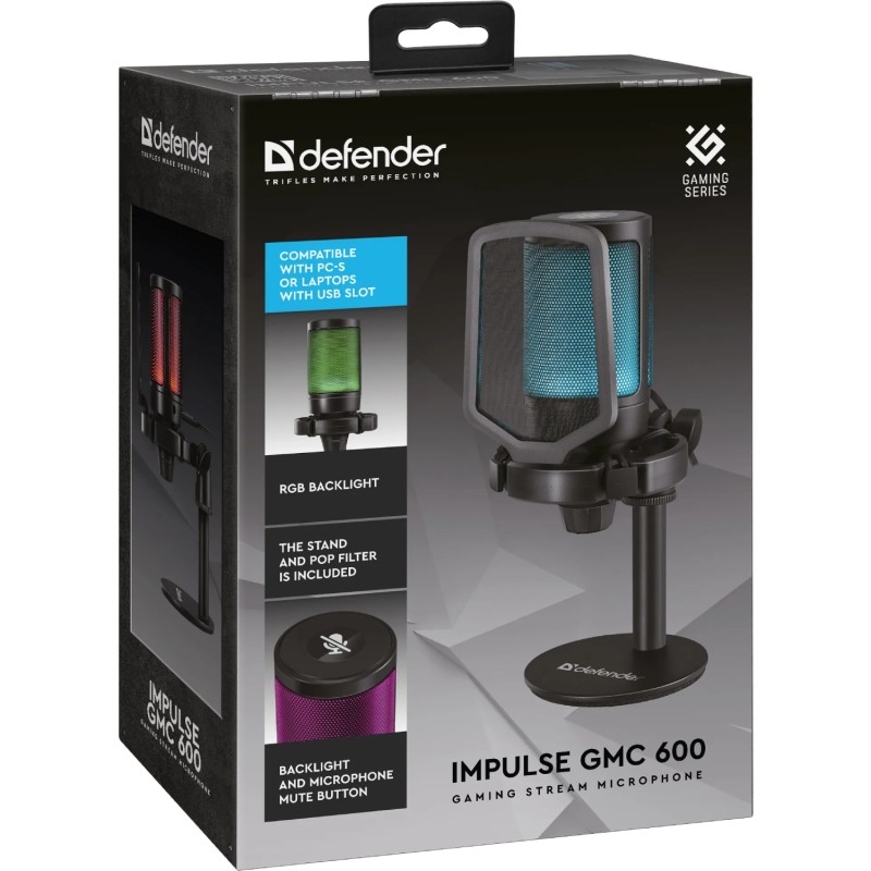 Игровой USB-микрофон (микрофон для стримов) Defender Impulse GMC 600 RGB чёрный