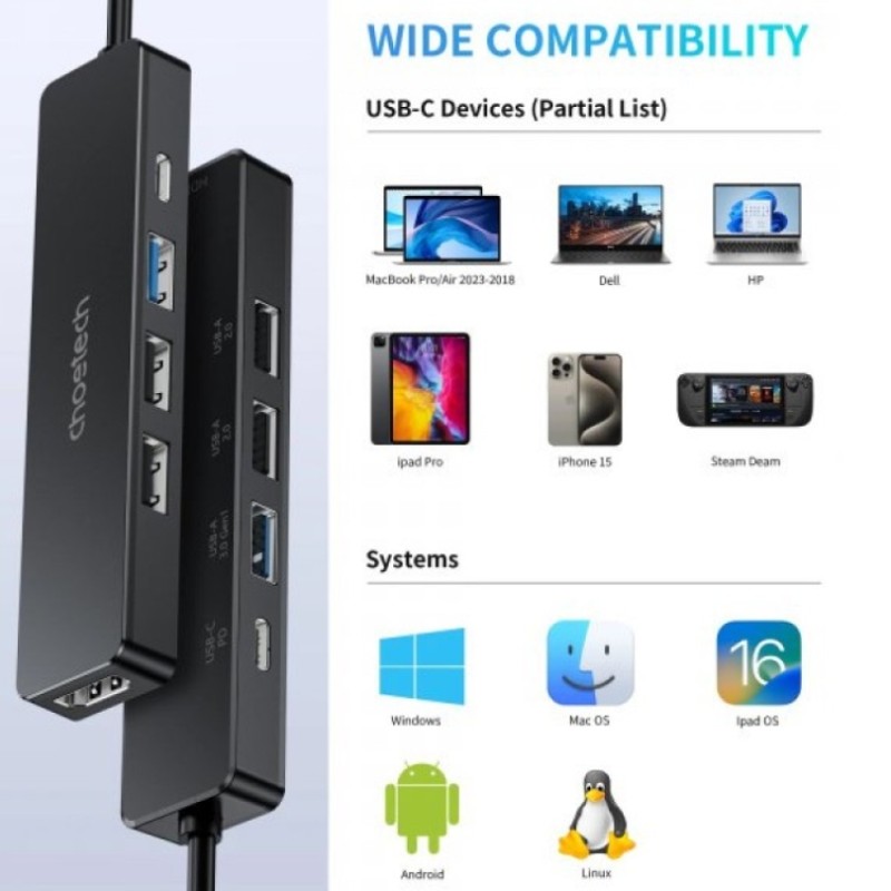 Док-станция (USB-C хаб) Choetech HUB-M80-BK HDMI 4K30Hz, PD 100 Вт