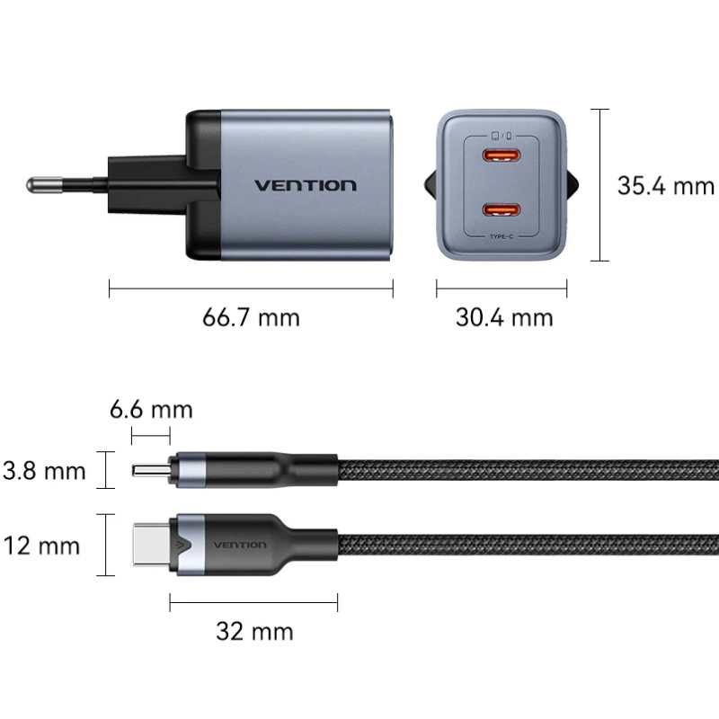 Сетевое зарядное устройство (зарядка) Vention 45 Вт, 2×USB-C, кабель в комплекте