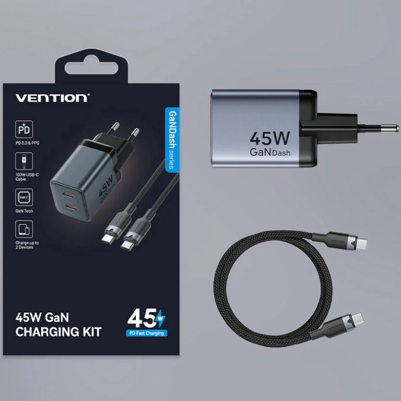 Сетевое зарядное устройство (зарядка) Vention 45 Вт, 2×USB-C, кабель в комплекте