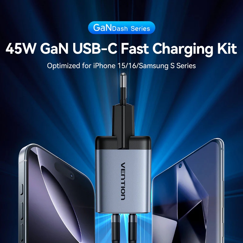 Сетевое зарядное устройство (зарядка) Vention 45 Вт, 2×USB-C, кабель в комплекте